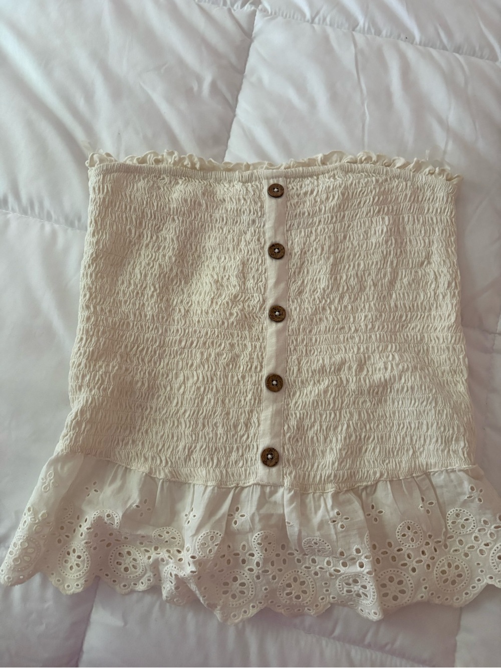 SO Cream Smocked Button-Front Eyelet Ruffle Tube Top